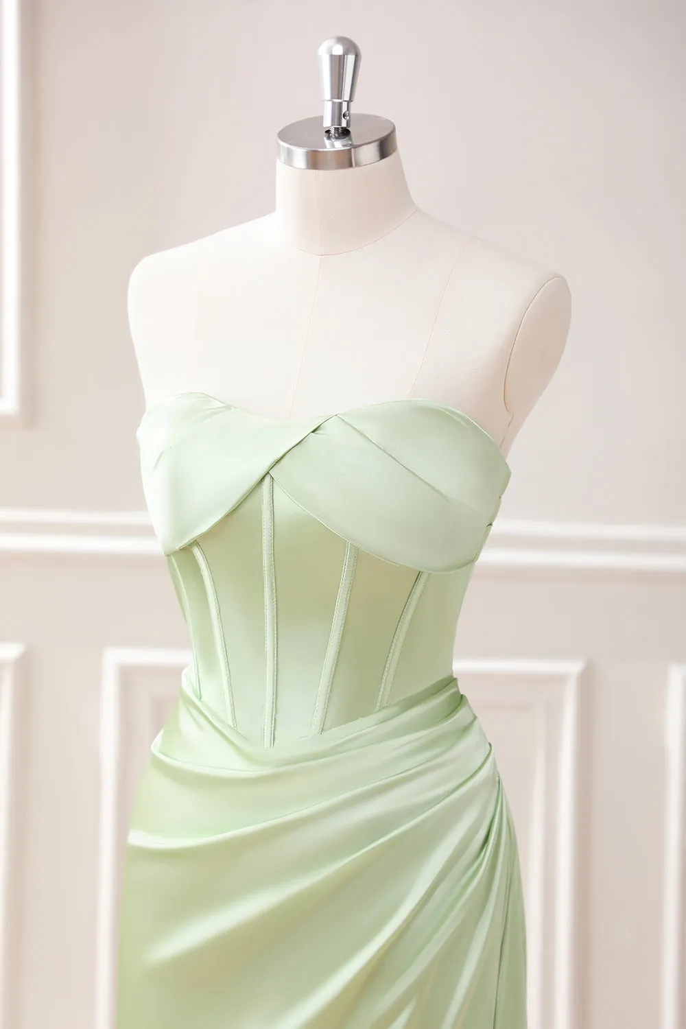 Green Sheath Corset Strapless Maxi Dress with Slit