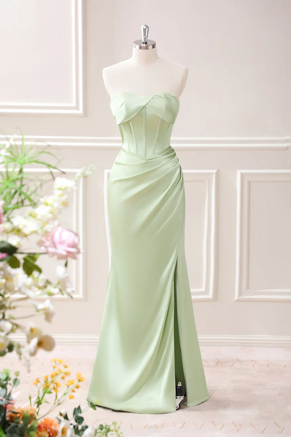 Green Sheath Corset Strapless Maxi Dress with Slit