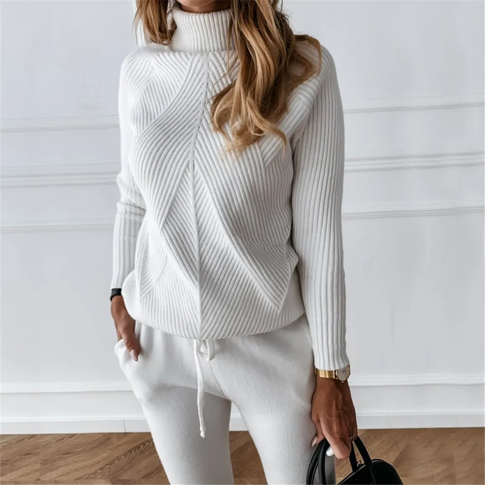 High-Striped Turtlenecks Elastic Two Piece