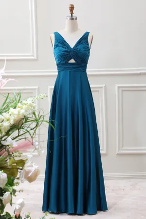 Ink Blue A Line V Neck Pleated Keyhole Maxi Dress