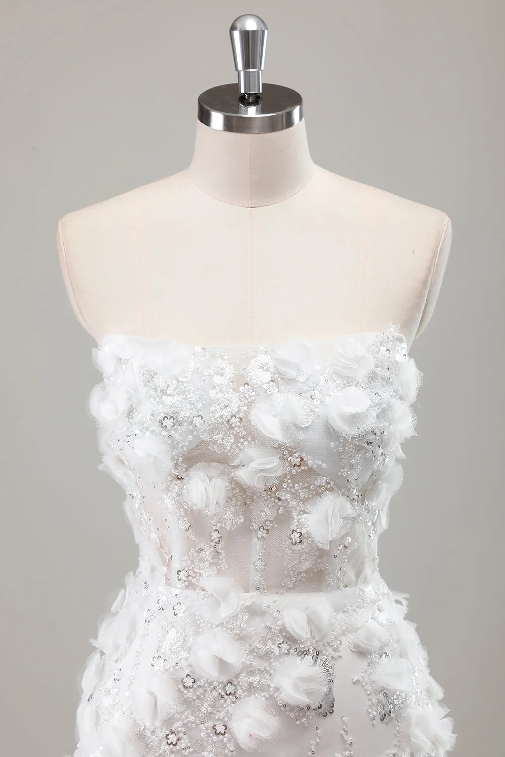 Ivory Beaded Corset 3D Applique Mini Wedding Dress with Detachable Sleeves