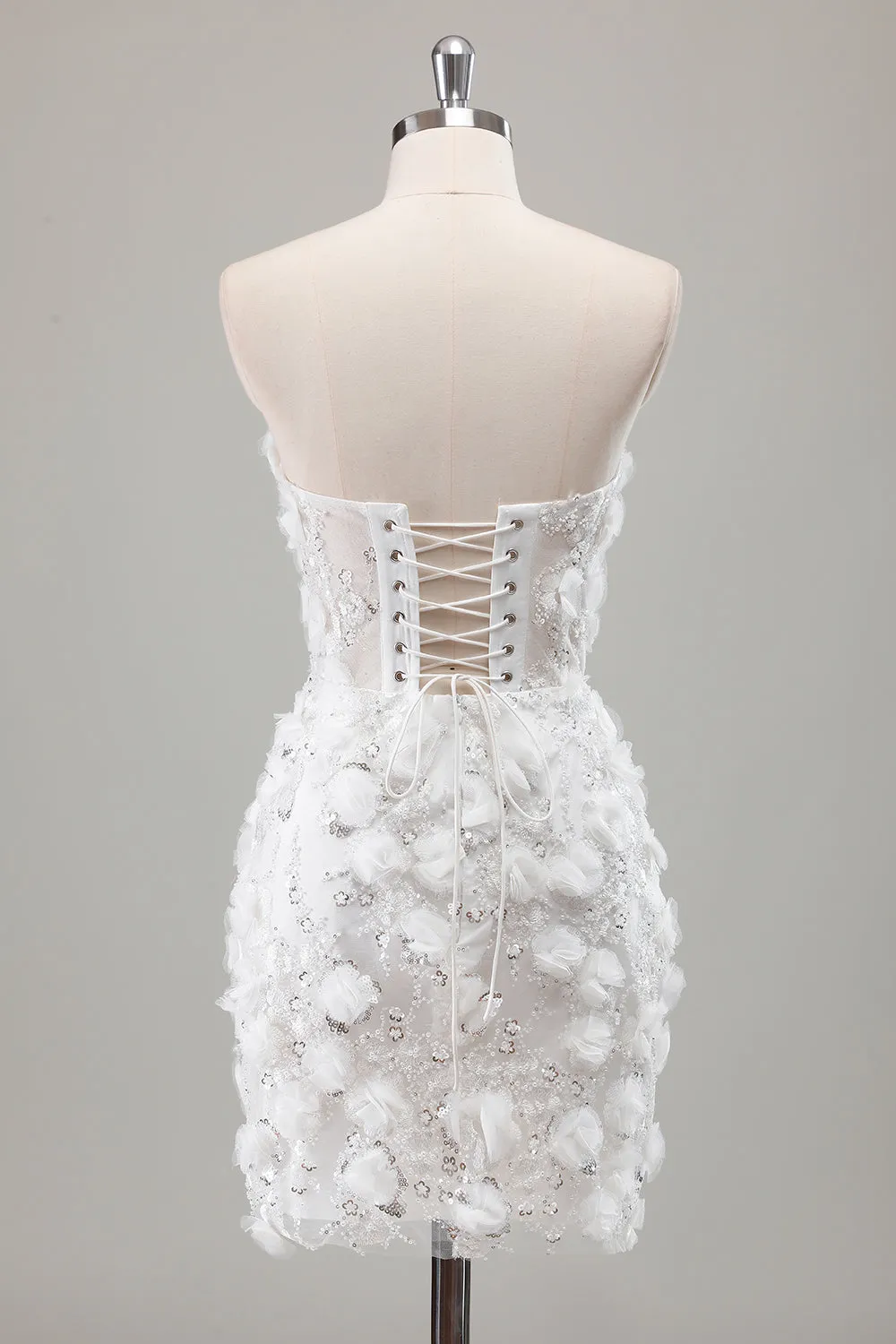 Ivory Beaded Corset 3D Applique Mini Wedding Dress with Detachable Sleeves