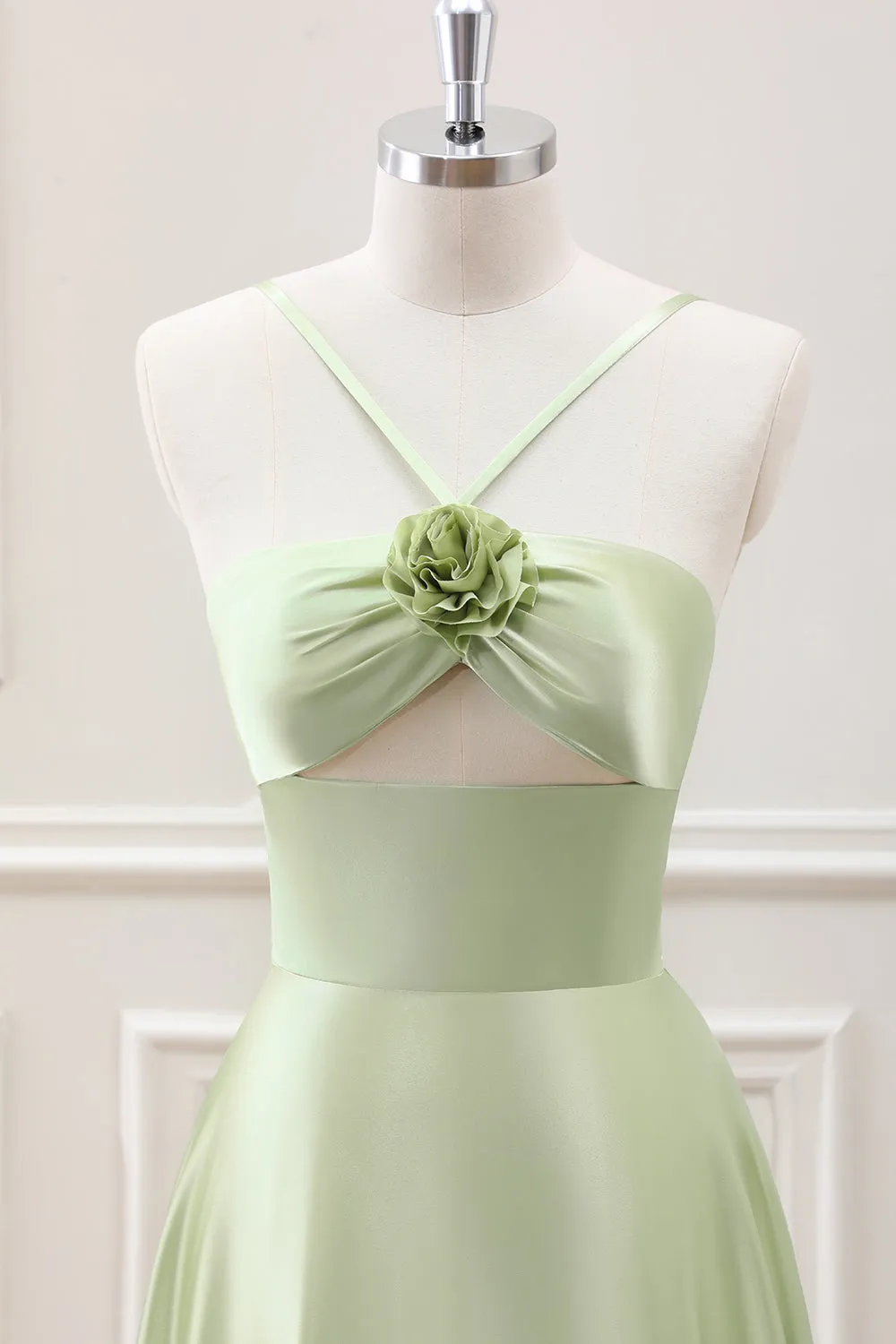 Light Green A-Line Halter Hollow Out Satin Maxi Dress with Flower