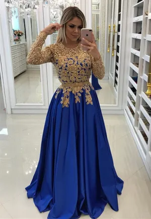 Modern Royal Blue & Gold Lace Evening Dress | Long Sleeve Party Gown BC0144