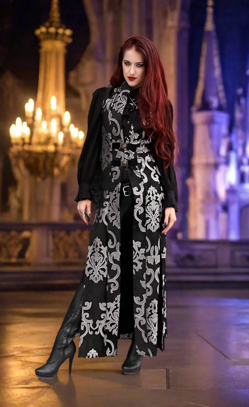 NECROMANTIC COAT/VEST - SILVER ON BLACK VELVET BROCADE