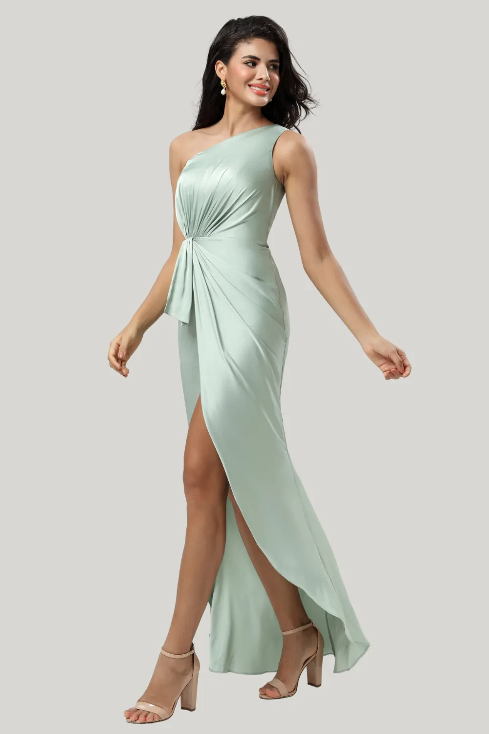 One Shoulder Matcha Slit Asymmetrical Dress with Ruffles