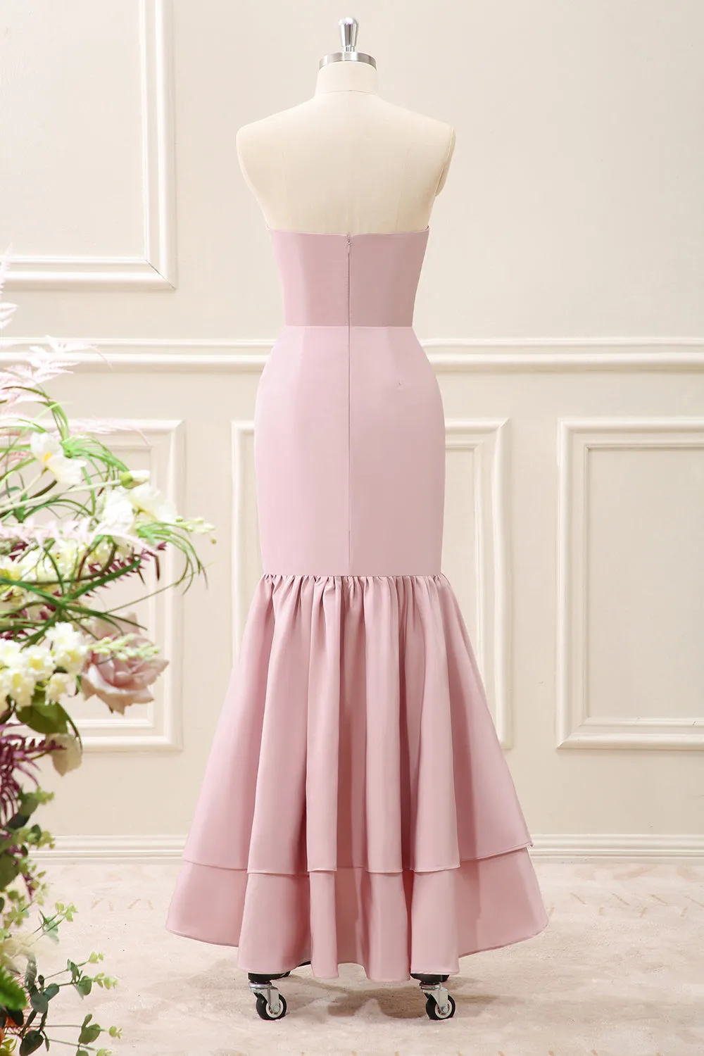 Pink Strapless Mermaid Ruffled Asymmetrical Dress