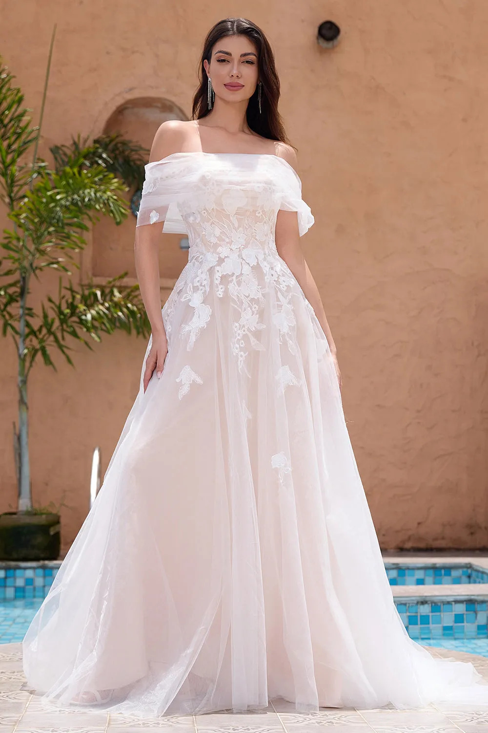 Princess White Off The Shoulder Tulle Long Wedding Dress with Appliques Lace