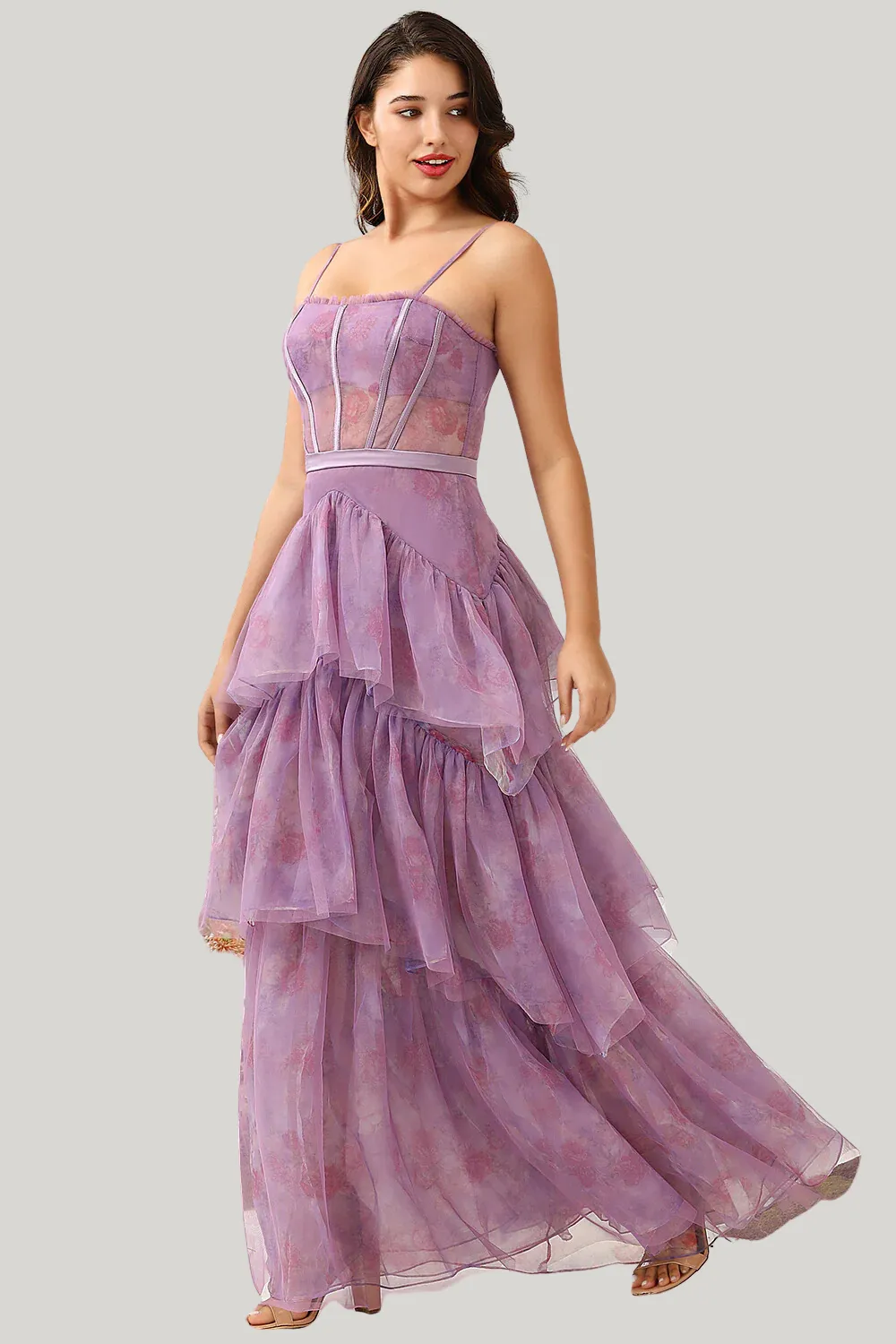 Purple Tulle Spaghetti Straps Corset Maxi Dress