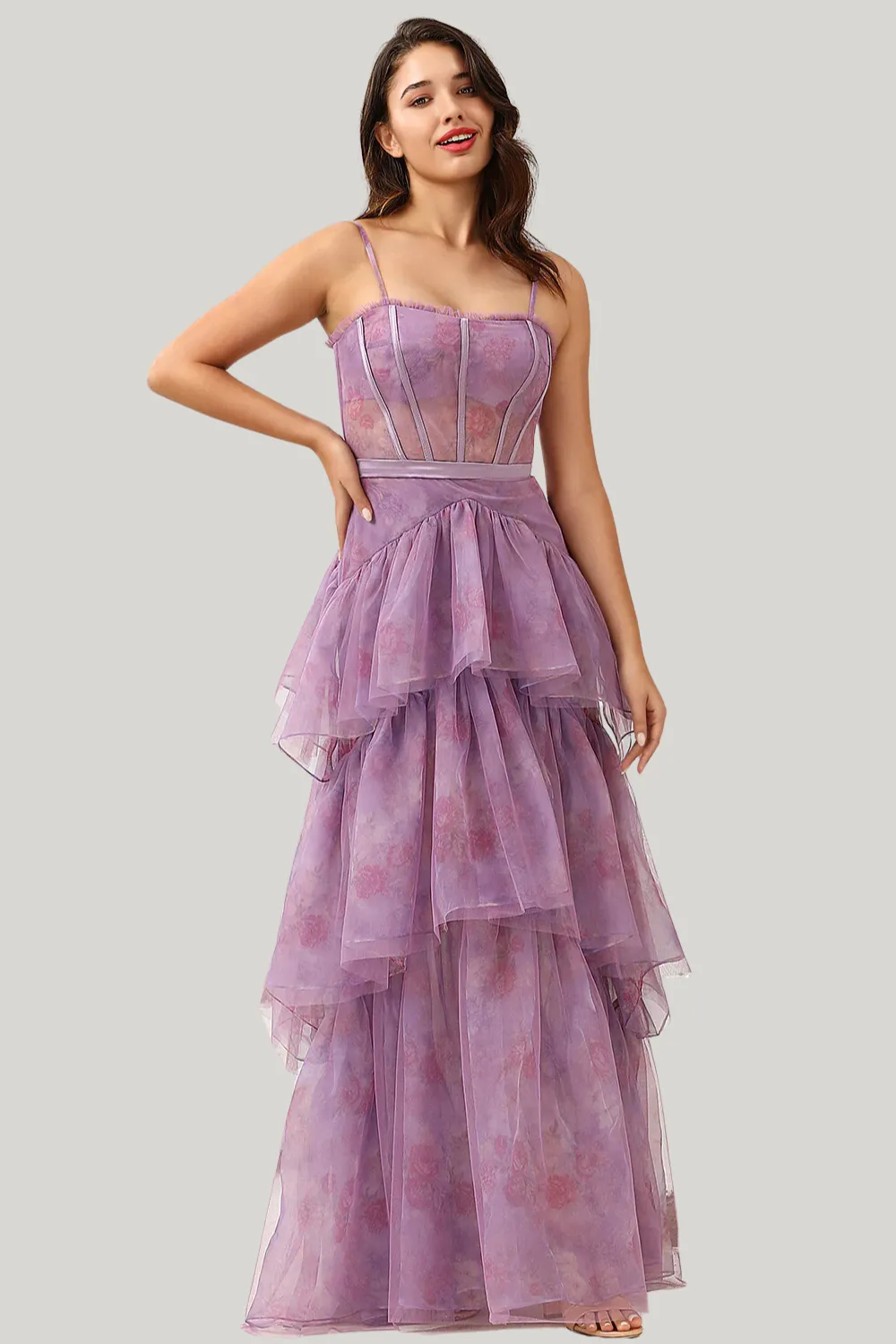 Purple Tulle Spaghetti Straps Corset Maxi Dress