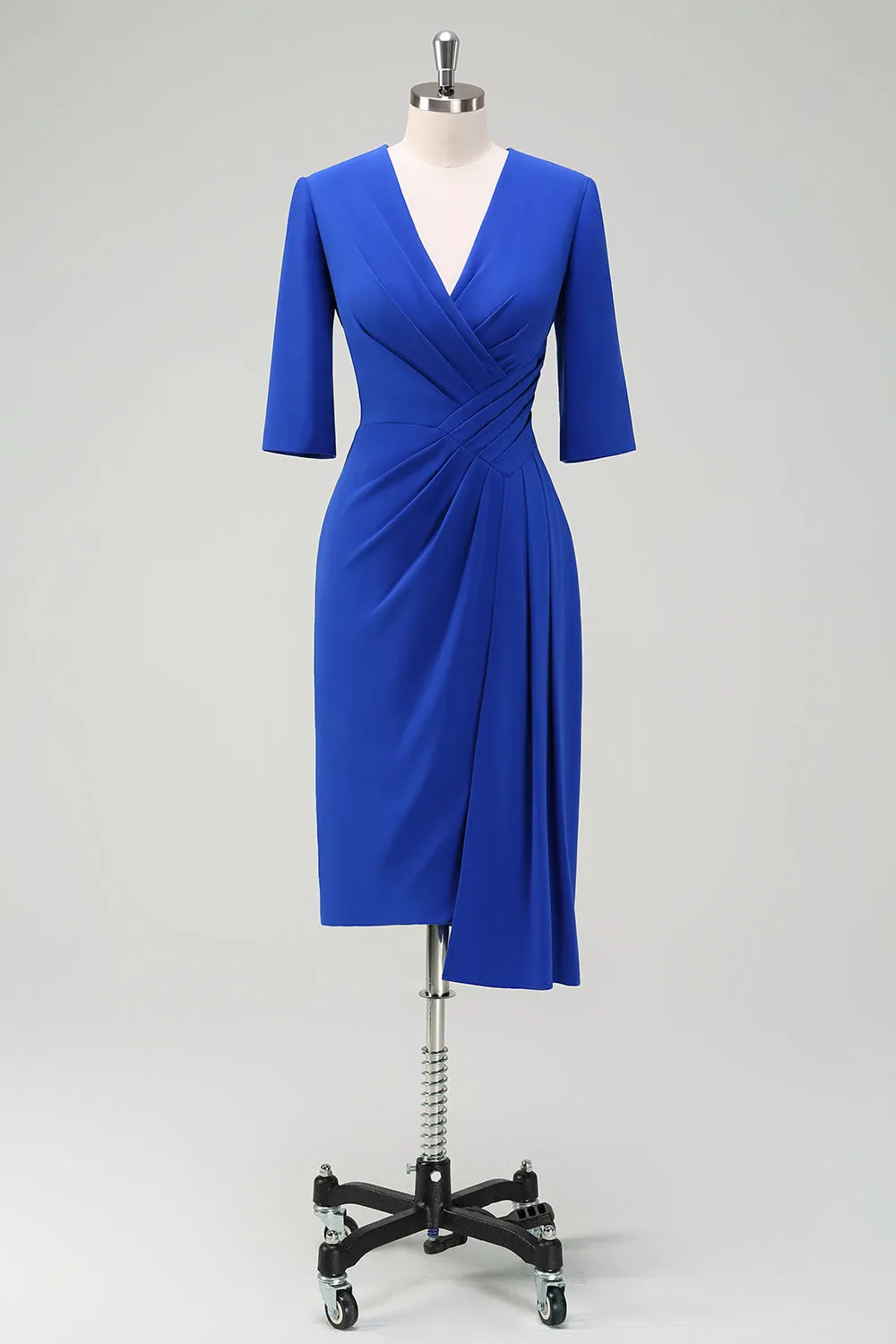 Royal Blue Ruched V Neck Wedding Guest Dress with Short Sleeves