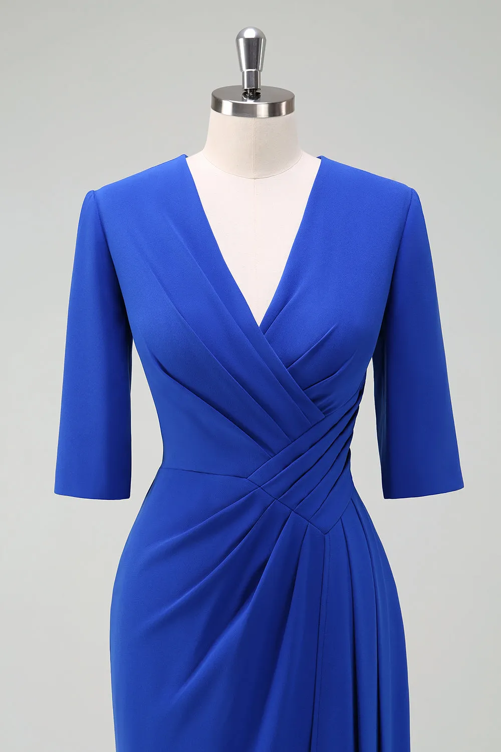 Royal Blue Ruched V Neck Wedding Guest Dress with Short Sleeves