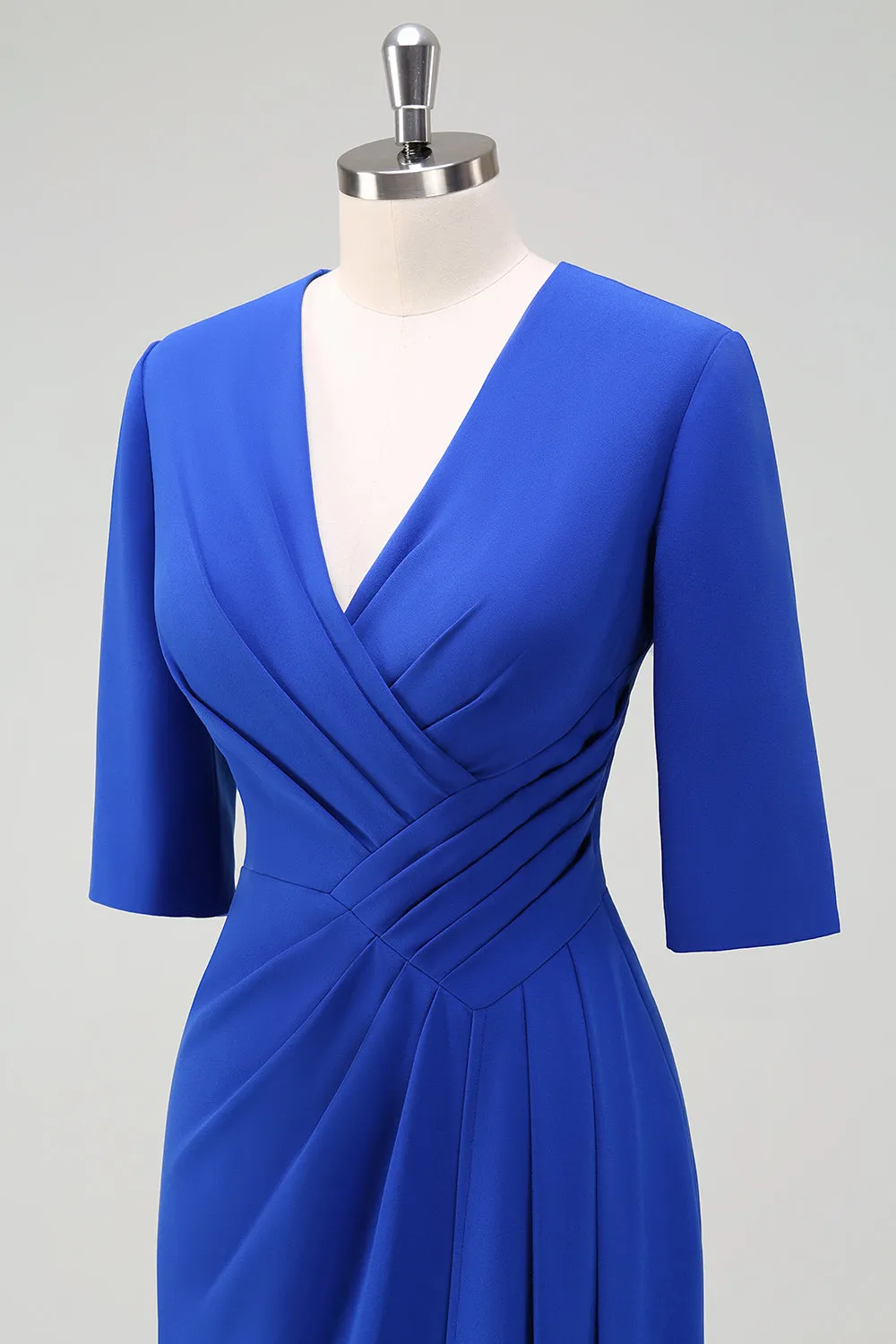 Royal Blue Ruched V Neck Wedding Guest Dress with Short Sleeves