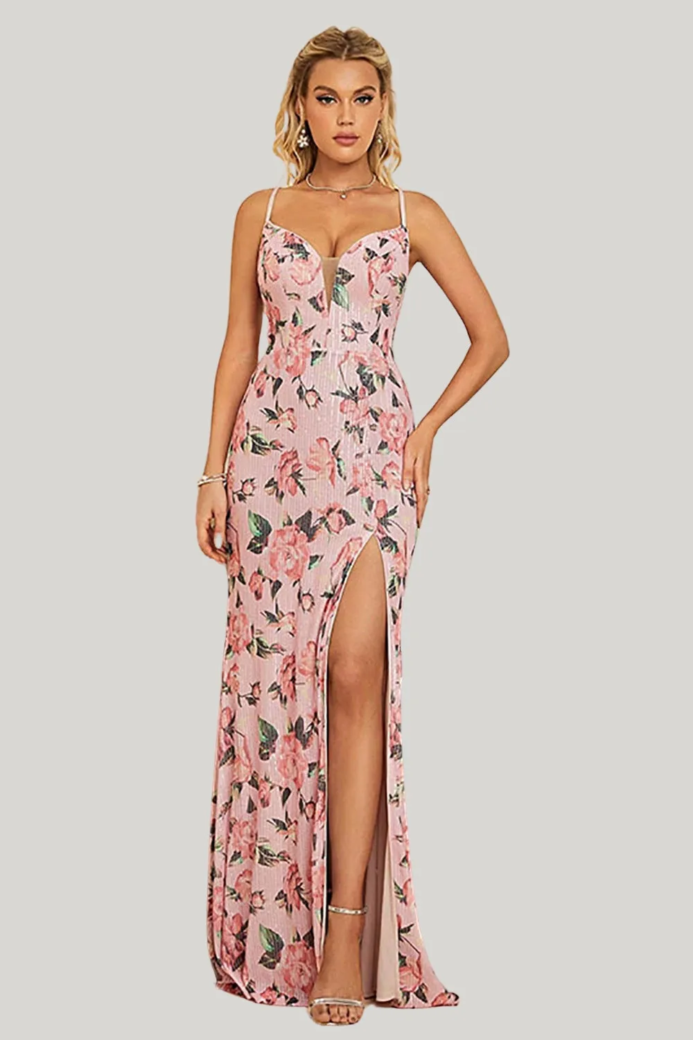 Sheath Flower Printed Blush A Line Maxi Dress with Slit