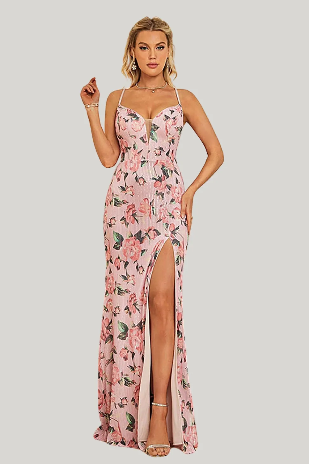 Sheath Flower Printed Blush A Line Maxi Dress with Slit