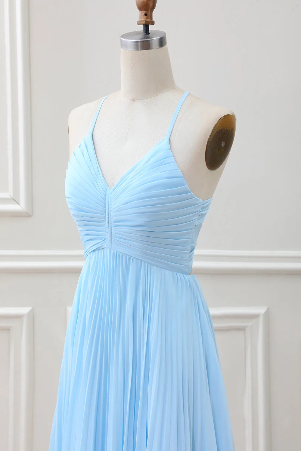 Sky Blue A Line Halter Pleated Chiffon Long Dress