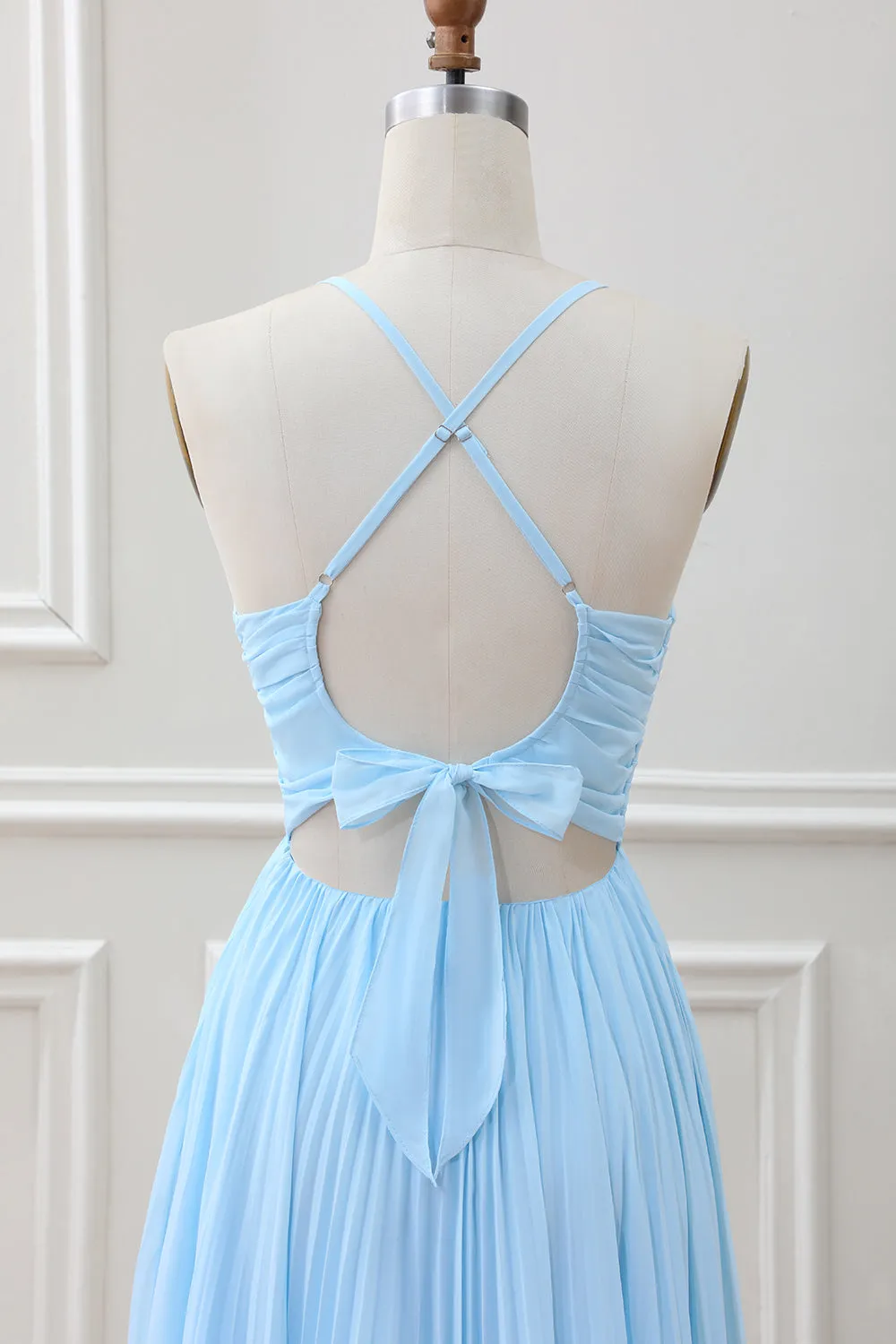 Sky Blue A Line Halter Pleated Chiffon Long Dress