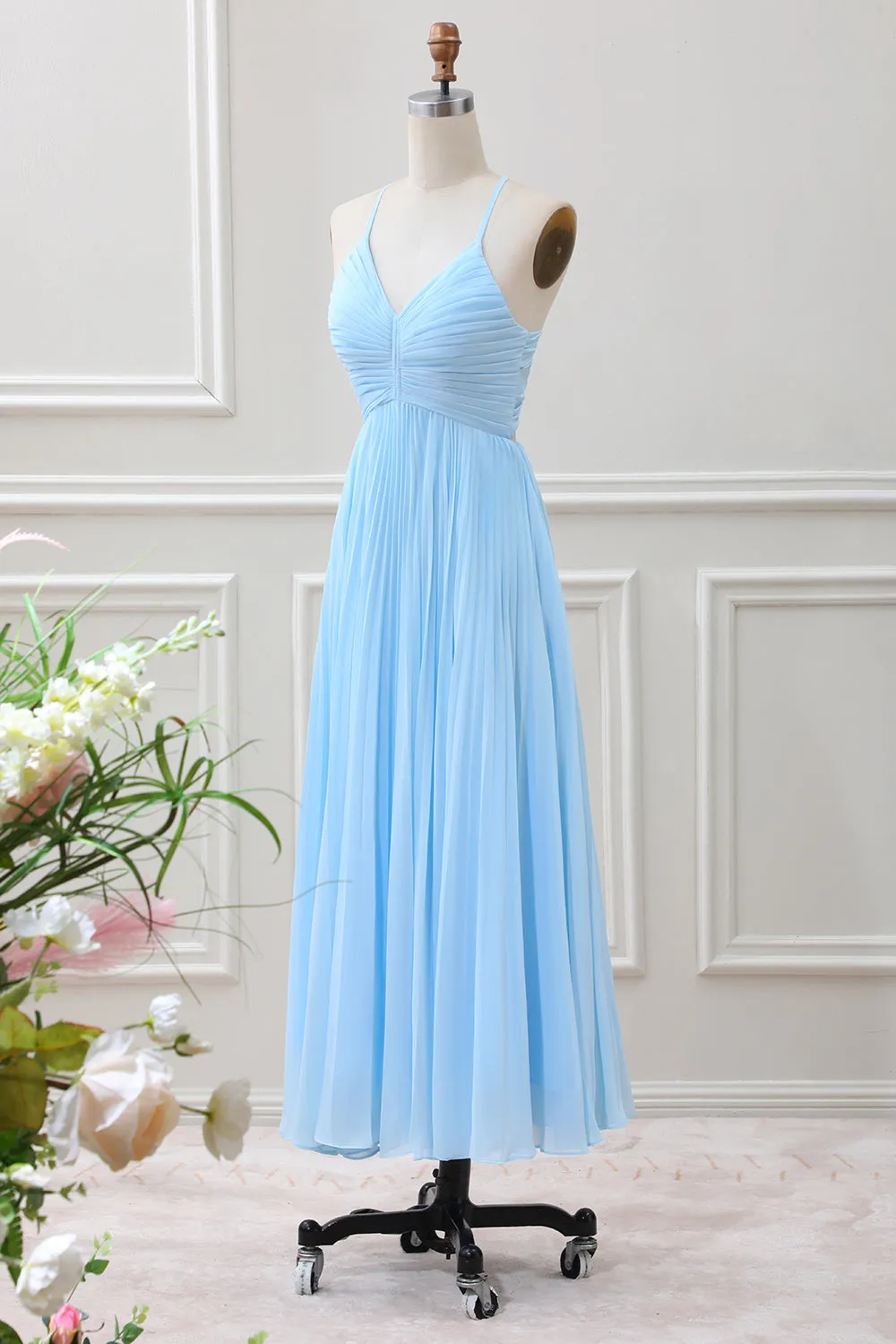 Sky Blue A Line Halter Pleated Chiffon Long Dress