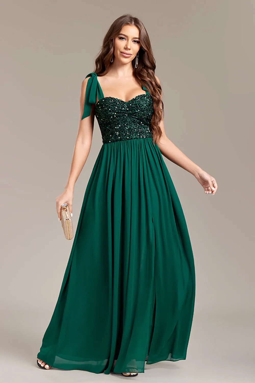 Sparkly Beading Green A Line Spaghetti Straps Maxi Dress with Slit