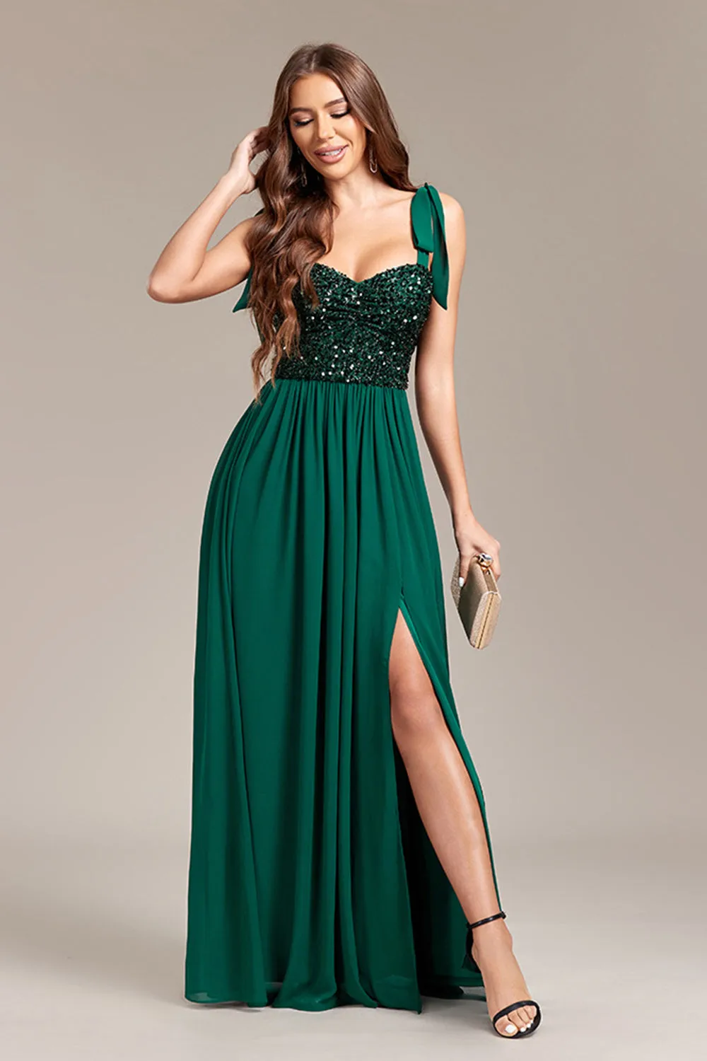 Sparkly Beading Green A Line Spaghetti Straps Maxi Dress with Slit