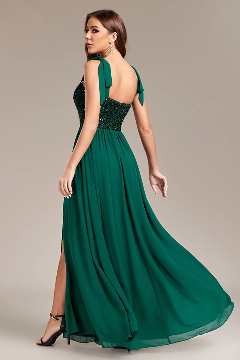 Sparkly Beading Green A Line Spaghetti Straps Maxi Dress with Slit