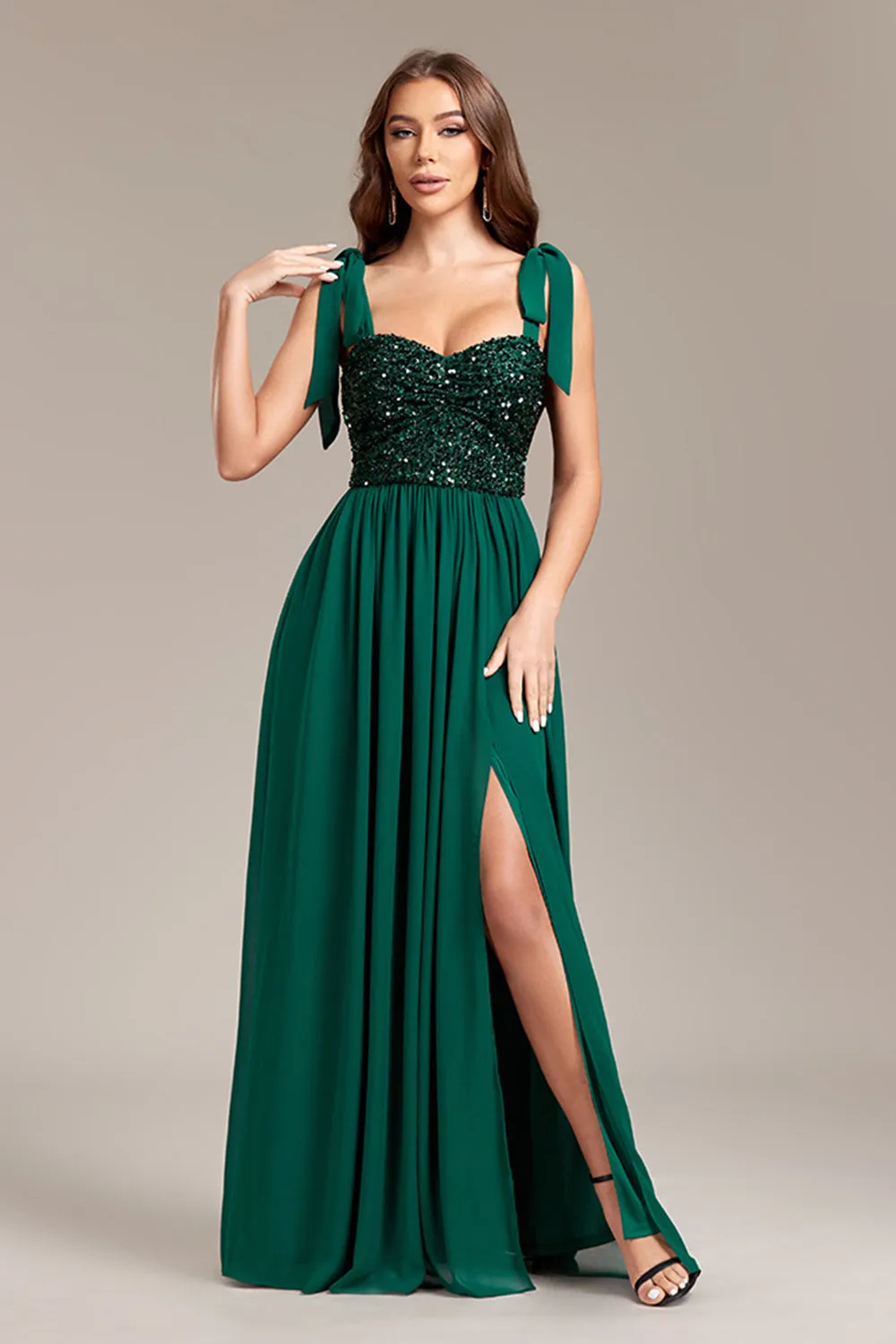 Sparkly Beading Green A Line Spaghetti Straps Maxi Dress with Slit