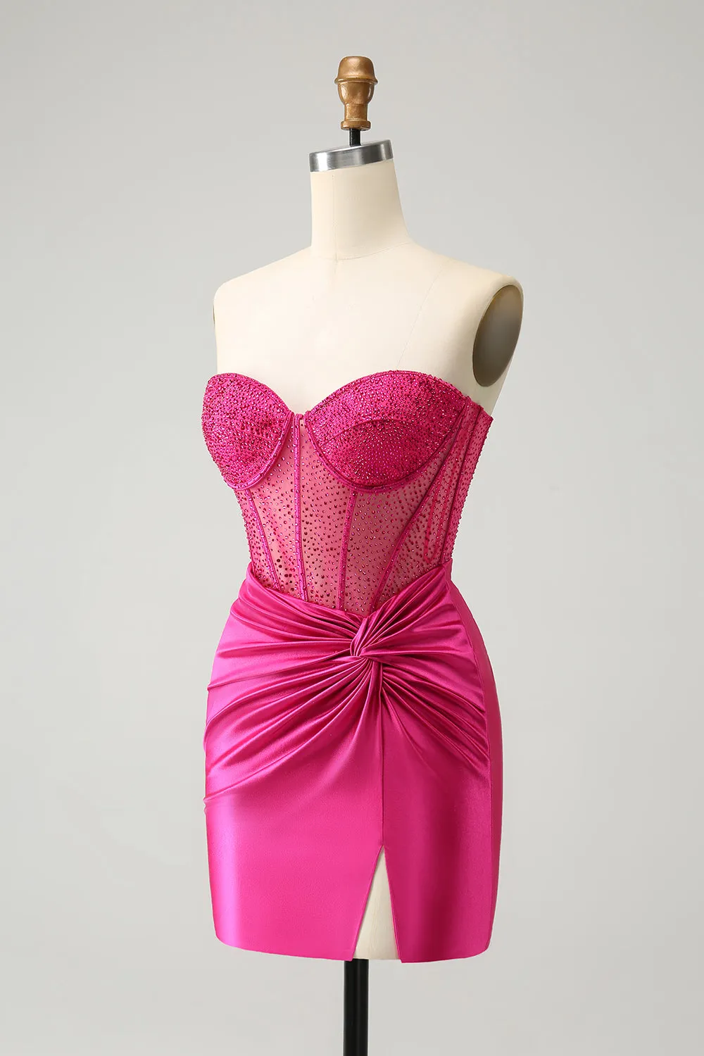 Sparkly Fuchsia Tight Beaded Corset Strapless Mini Dress