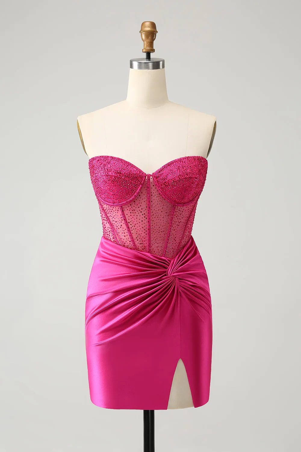 Sparkly Fuchsia Tight Beaded Corset Strapless Mini Dress