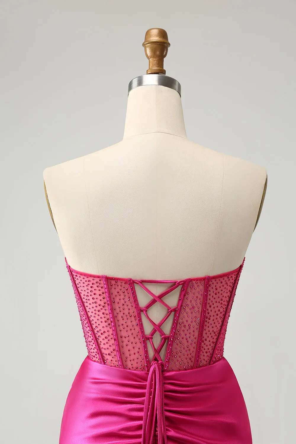 Sparkly Fuchsia Tight Beaded Corset Strapless Mini Dress