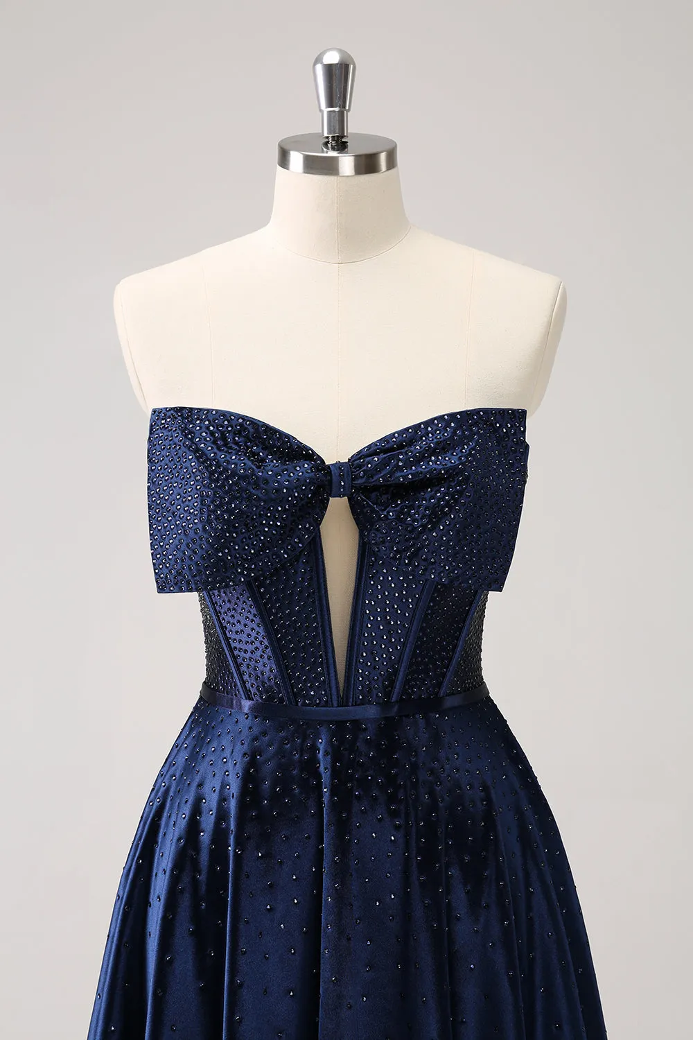 Sparkly Navy Beaded Corset Hollow Out Mini Dress With Bow