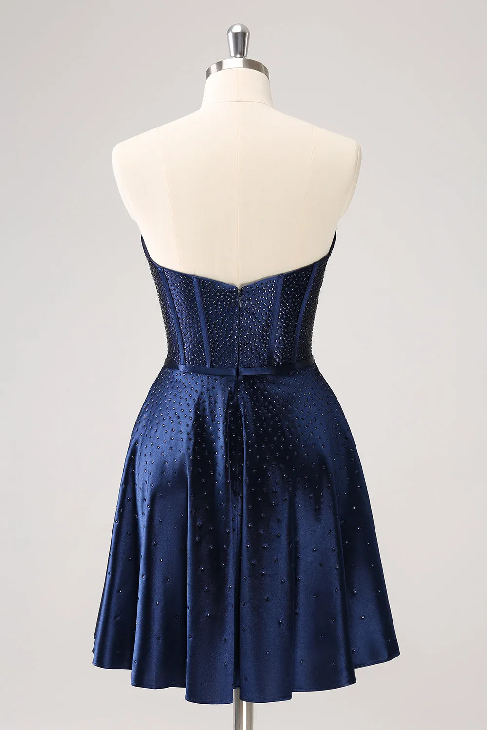 Sparkly Navy Beaded Corset Hollow Out Mini Dress With Bow