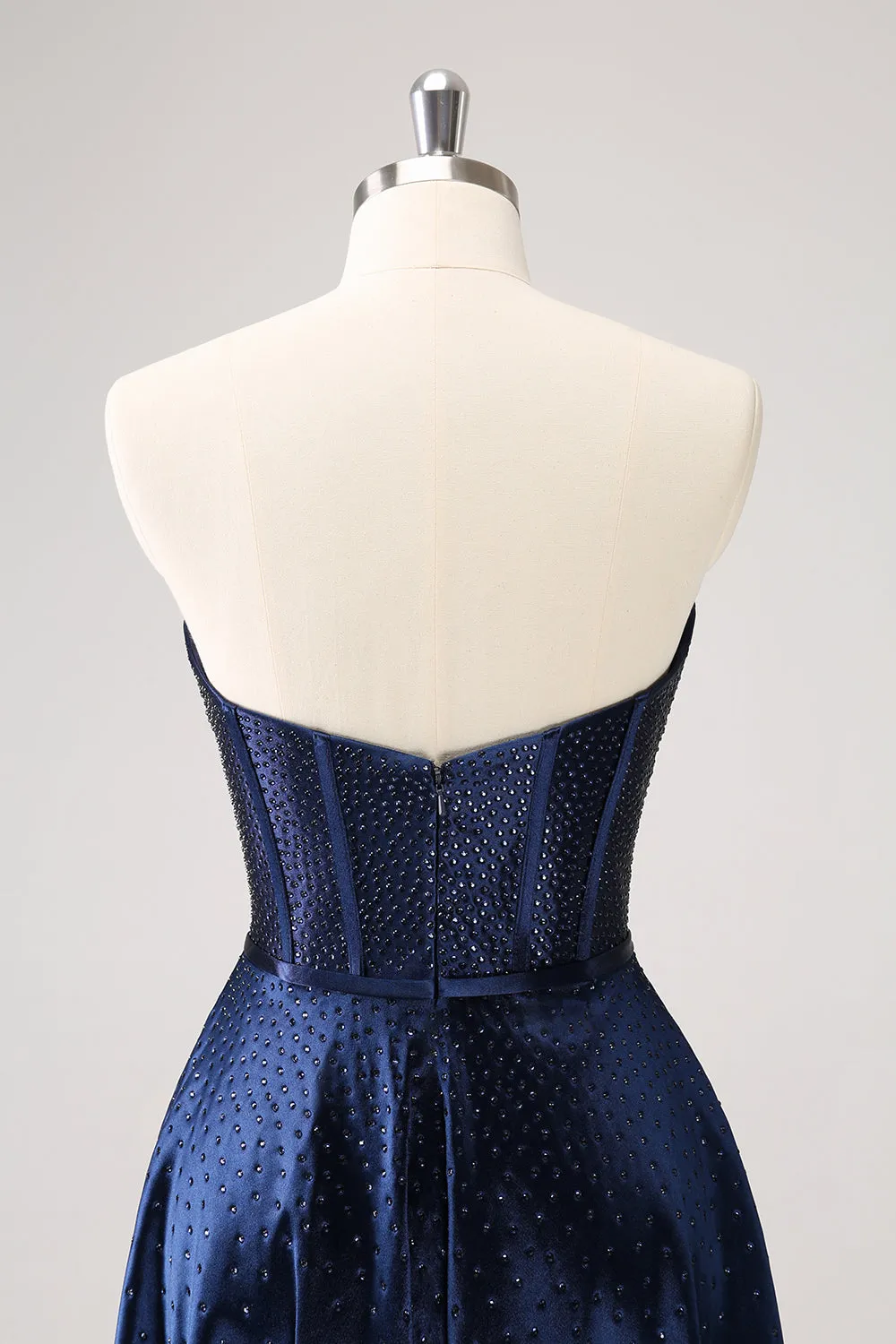 Sparkly Navy Beaded Corset Hollow Out Mini Dress With Bow