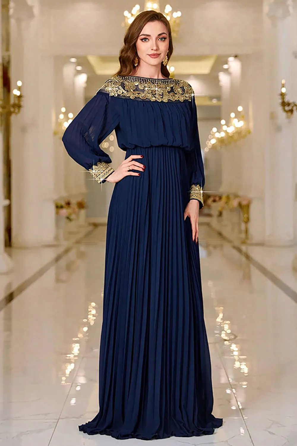 Sparkly Navy Sheath Pleated Maxi Dress with Long Sleeves