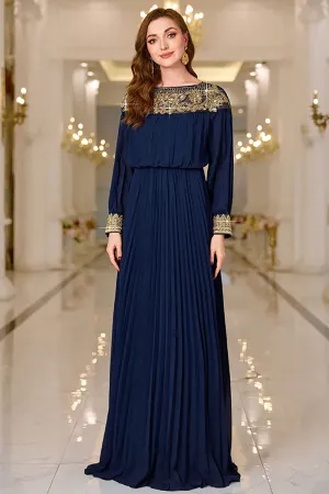 Sparkly Navy Sheath Pleated Maxi Dress with Long Sleeves