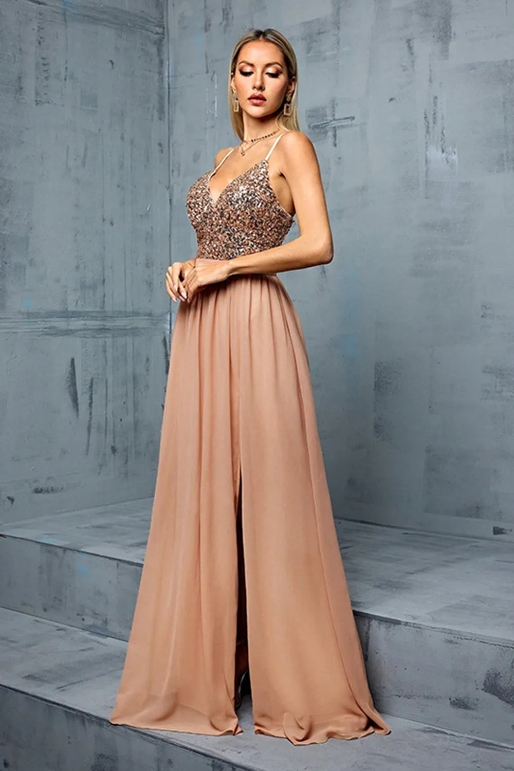 Sparkly Sequins Blush A Line V Neck Spaghetti Straps Maxi Dress