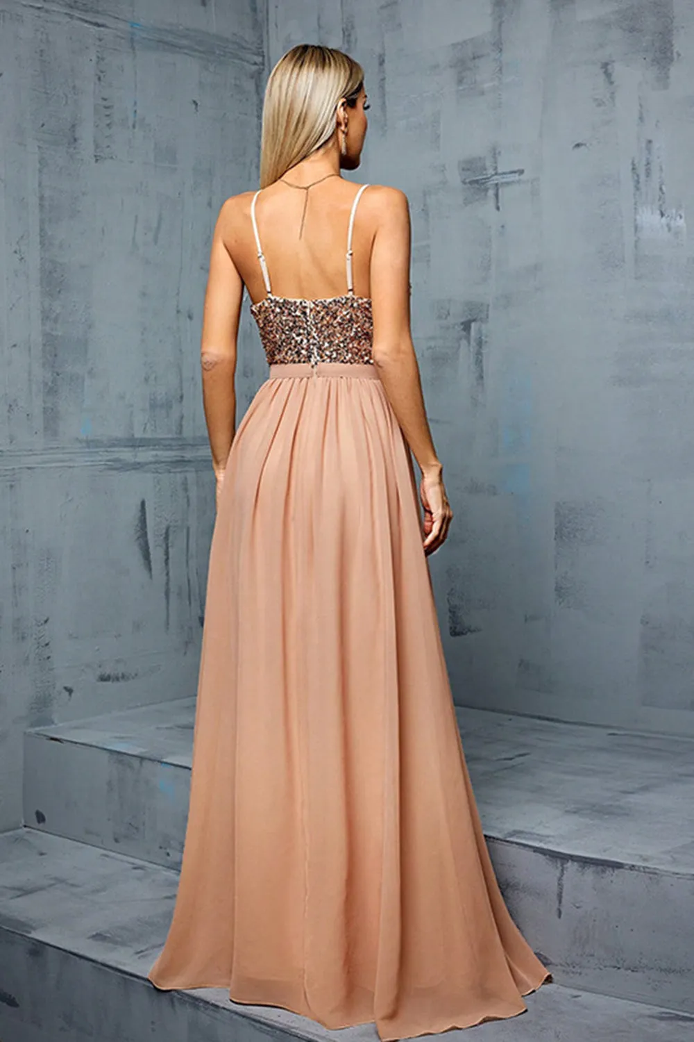 Sparkly Sequins Blush A Line V Neck Spaghetti Straps Maxi Dress