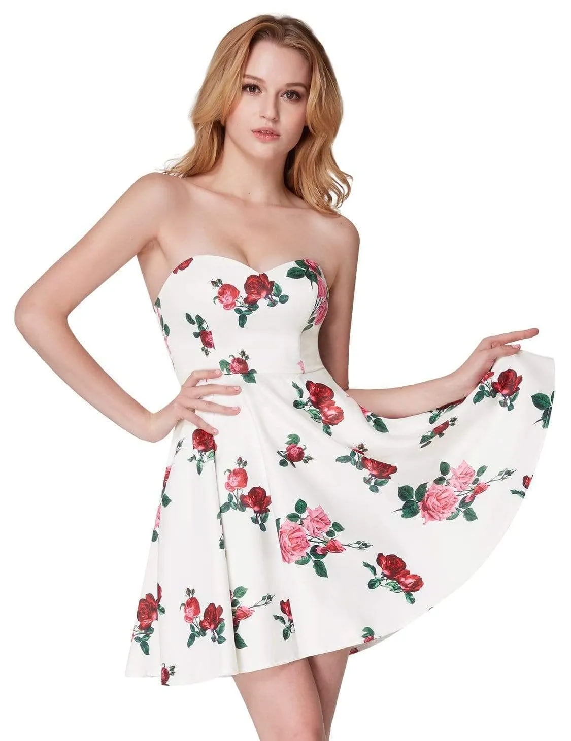 Strapless Rose Print Party Dress