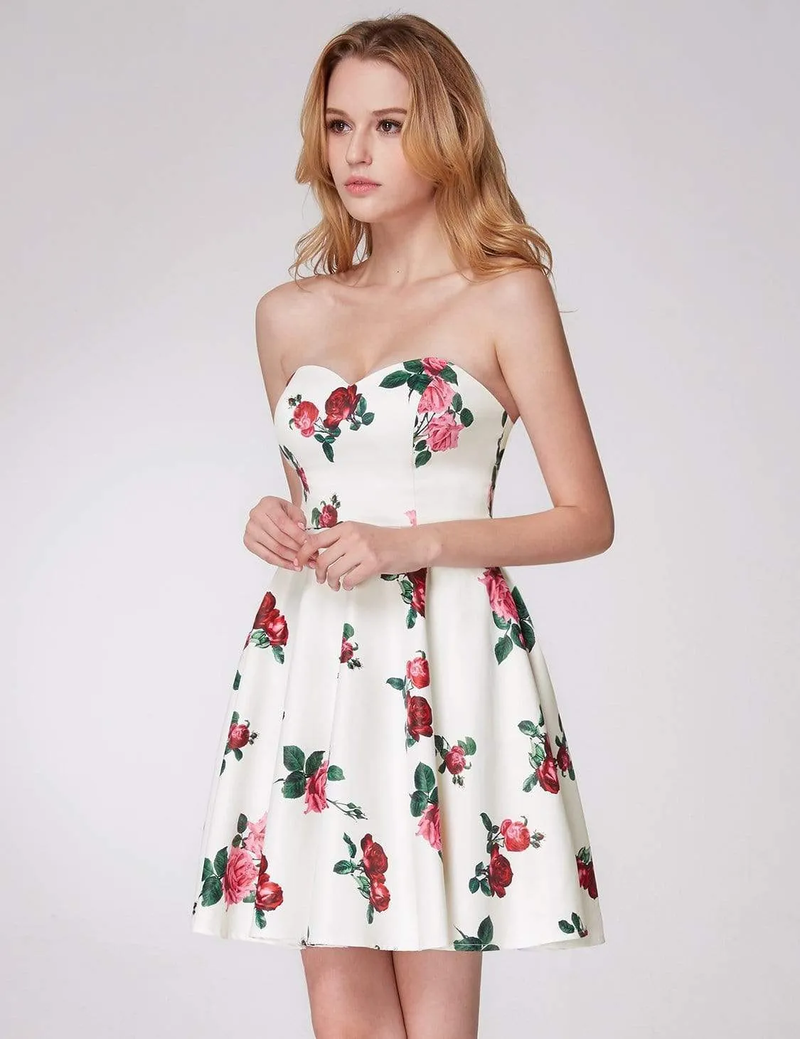 Strapless Rose Print Party Dress