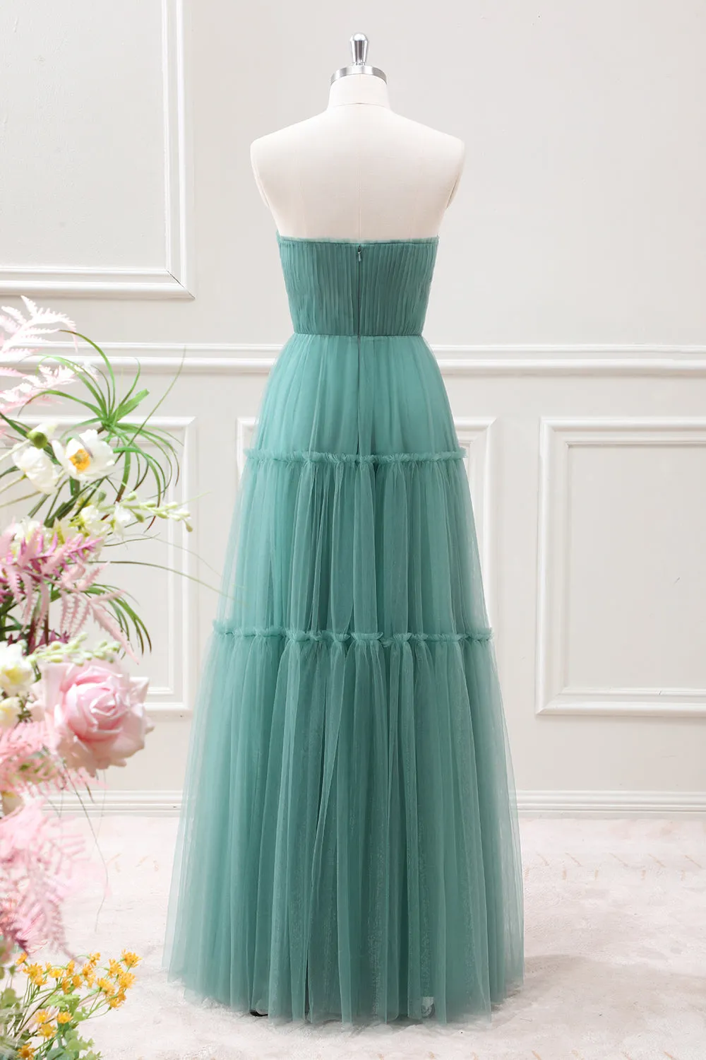 Strapless Tulle Eucalyptus A Line Maxi Dress