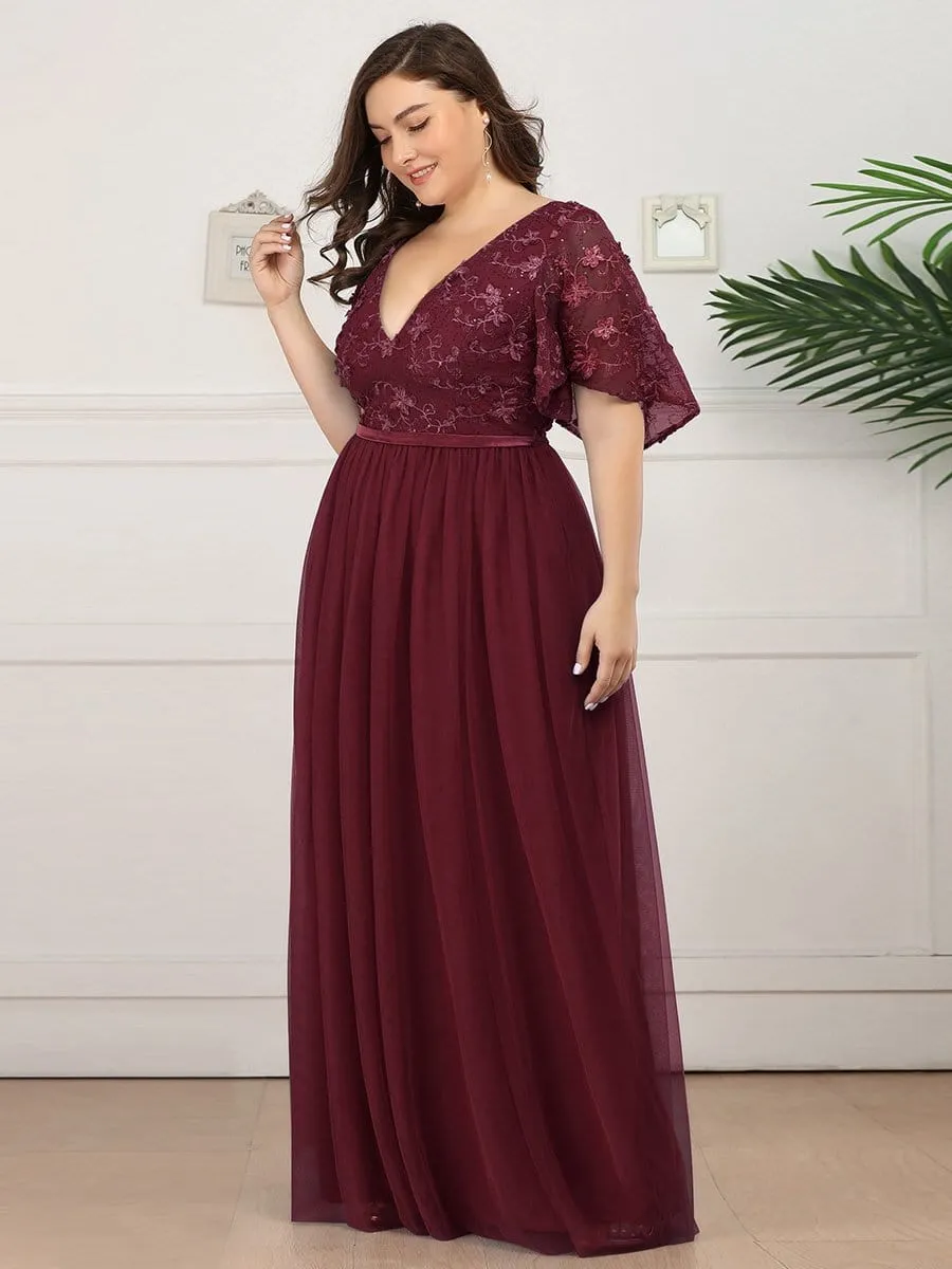 V-Neck Embroidery Plus Size Tulle Bridesmaid Dress with Ruffle Sleeve