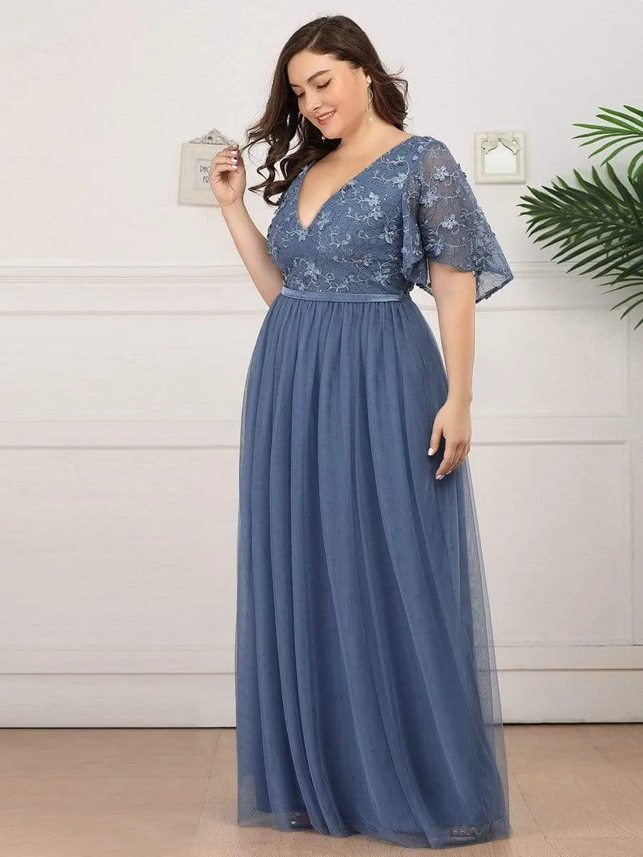 V-Neck Embroidery Plus Size Tulle Bridesmaid Dress with Ruffle Sleeve