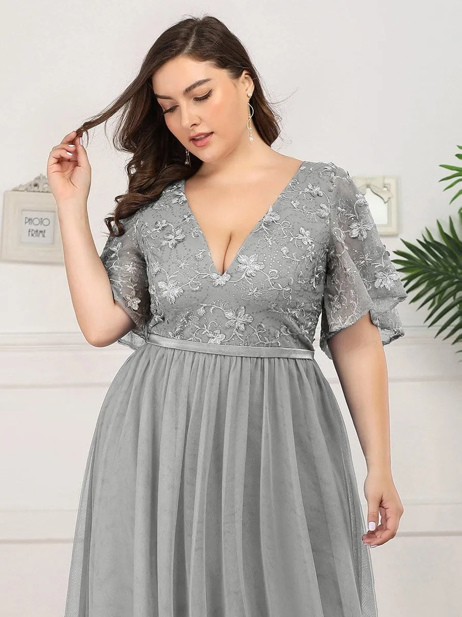 V-Neck Embroidery Plus Size Tulle Bridesmaid Dress with Ruffle Sleeve