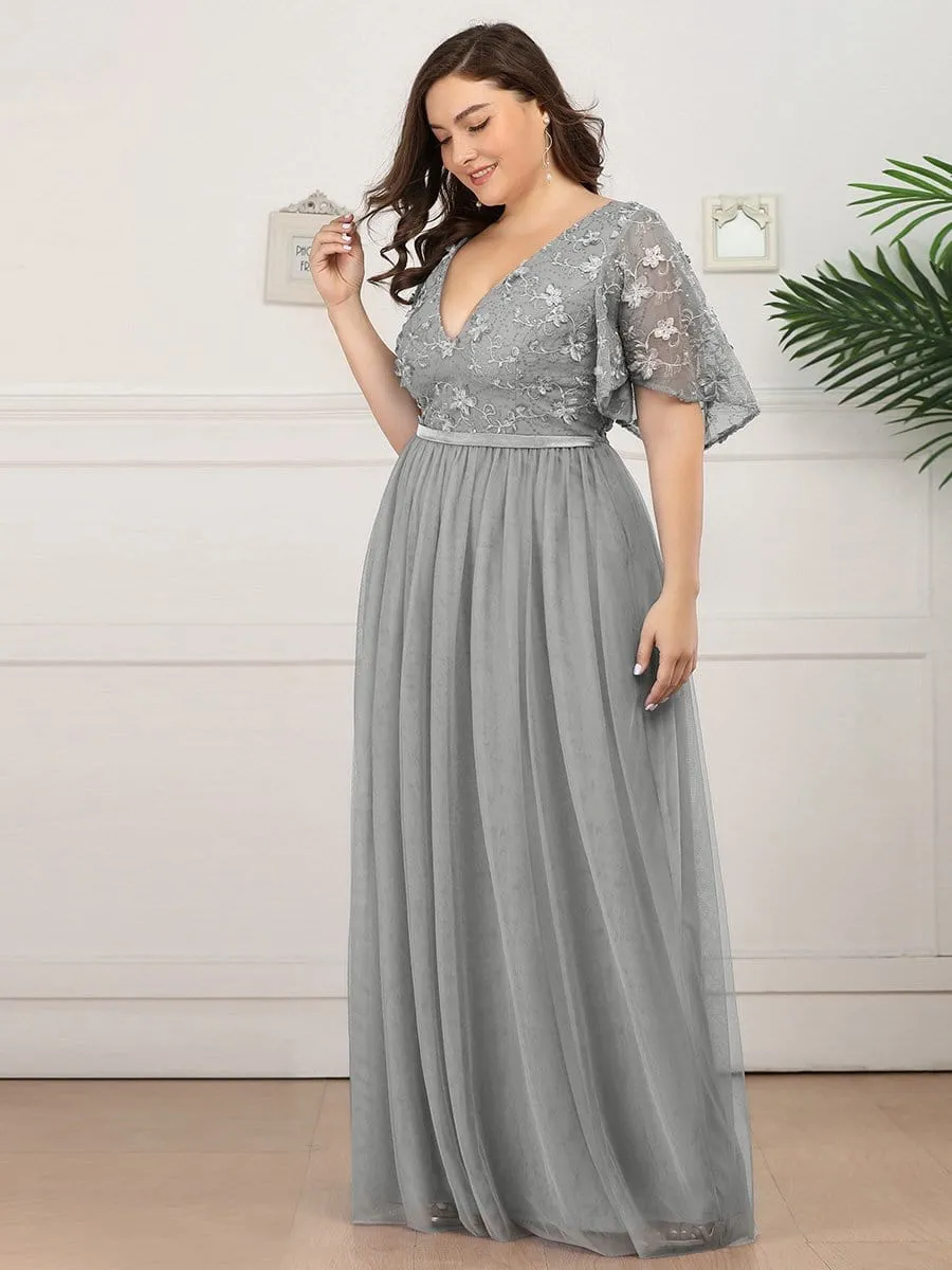 V-Neck Embroidery Plus Size Tulle Bridesmaid Dress with Ruffle Sleeve