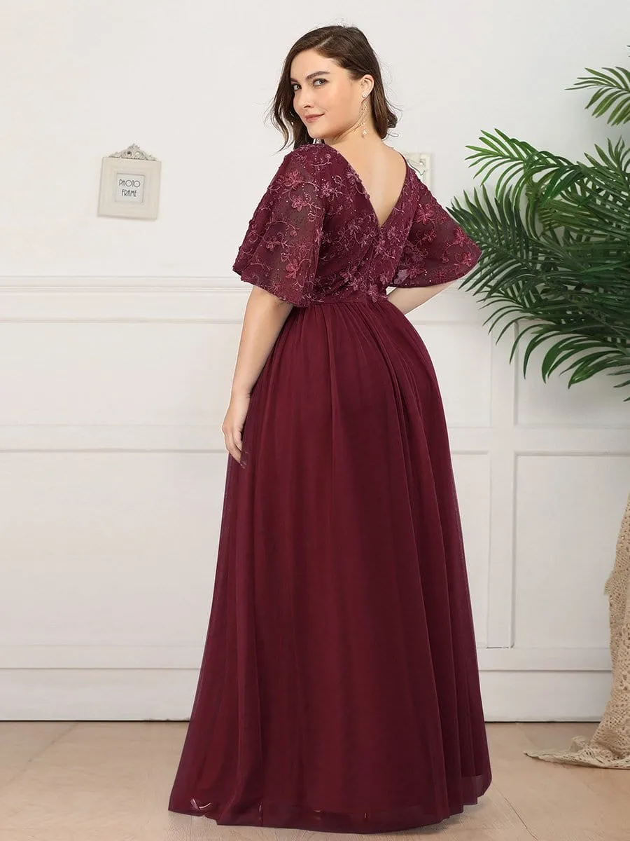 V-Neck Embroidery Plus Size Tulle Bridesmaid Dress with Ruffle Sleeve