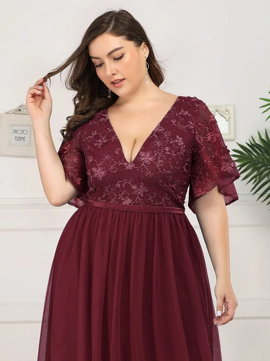 V-Neck Embroidery Plus Size Tulle Bridesmaid Dress with Ruffle Sleeve