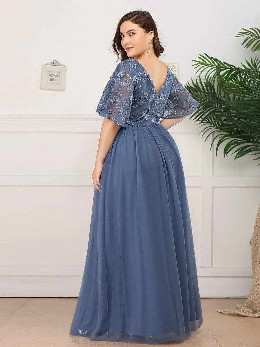 V-Neck Embroidery Plus Size Tulle Bridesmaid Dress with Ruffle Sleeve