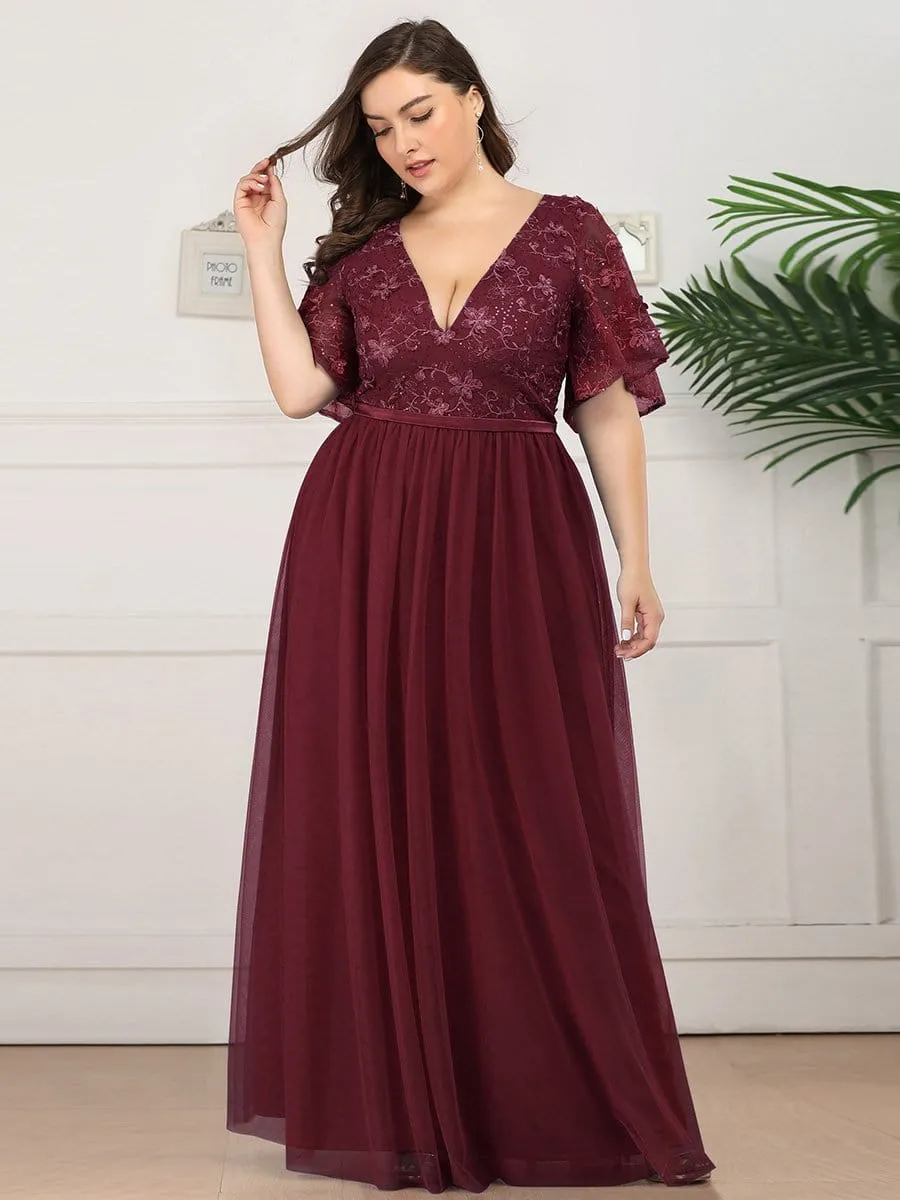 V-Neck Embroidery Plus Size Tulle Bridesmaid Dress with Ruffle Sleeve