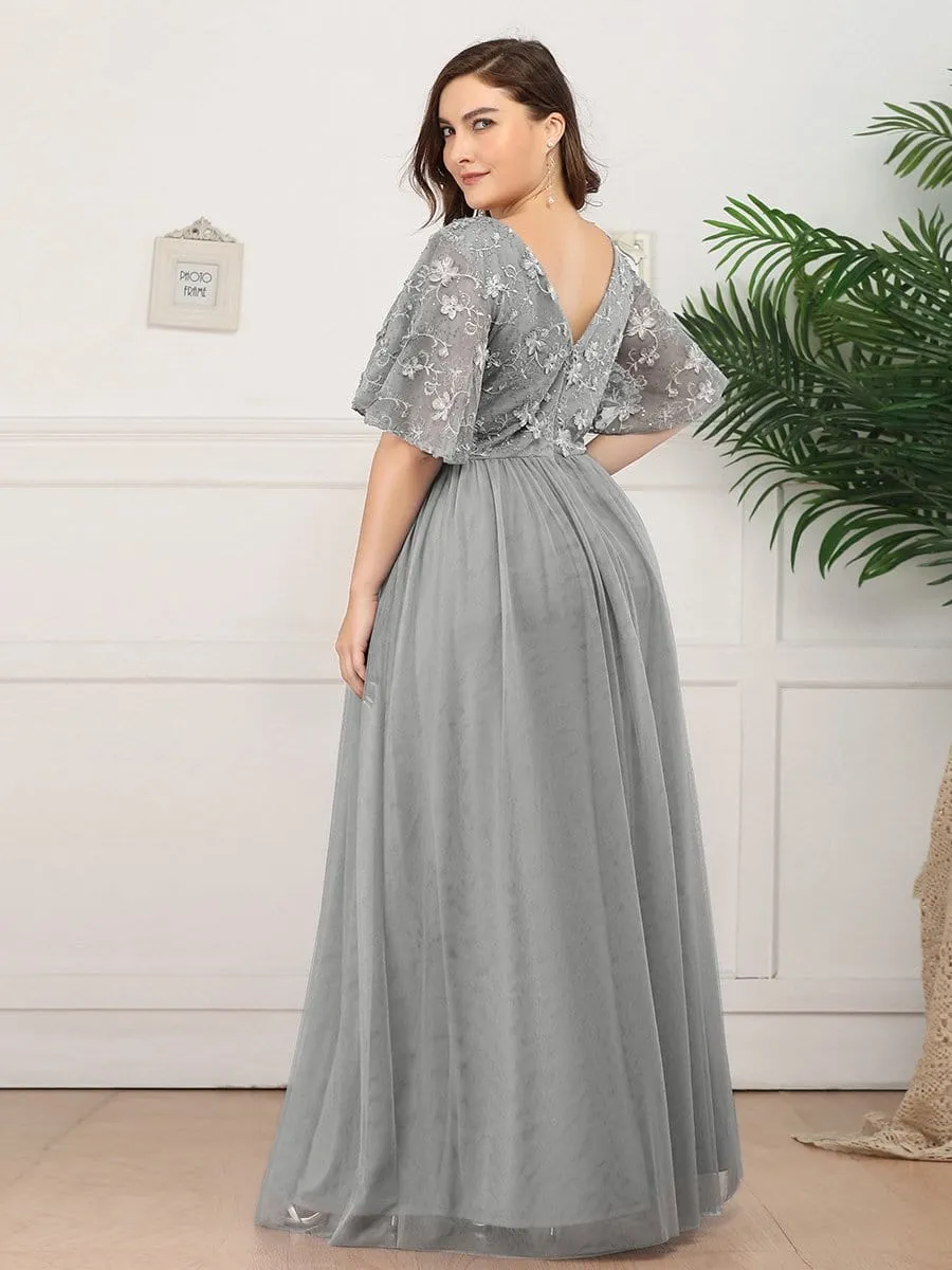 V-Neck Embroidery Plus Size Tulle Bridesmaid Dress with Ruffle Sleeve