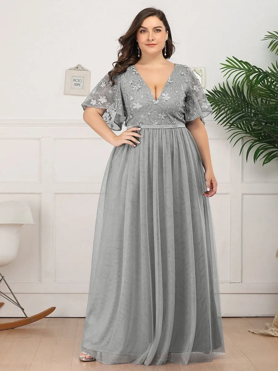 V-Neck Embroidery Plus Size Tulle Bridesmaid Dress with Ruffle Sleeve