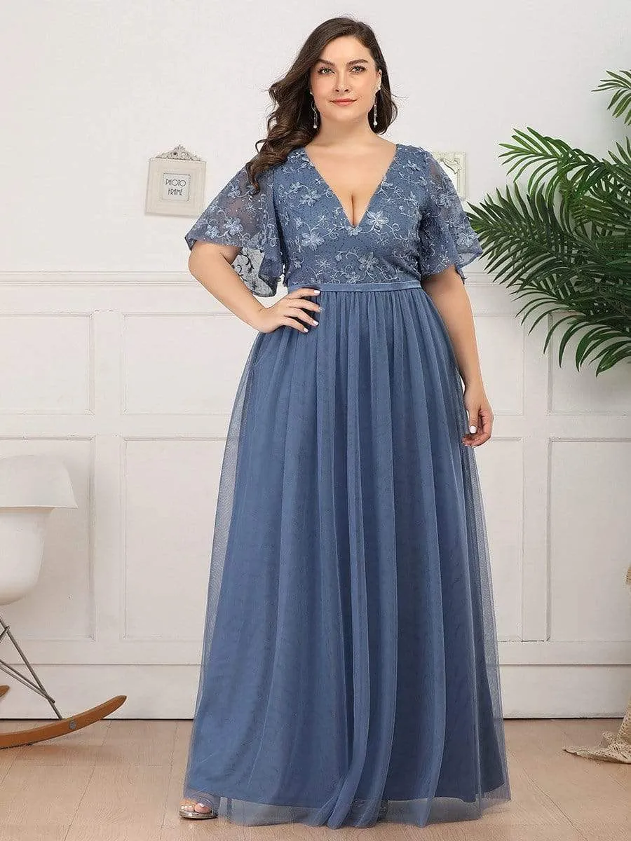 V-Neck Embroidery Plus Size Tulle Bridesmaid Dress with Ruffle Sleeve